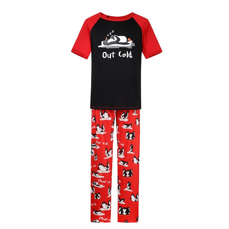 Christmas Family Matching Sleepwear Pajamas Sets Pink Penguins Top and Blue Stripe Pants 4