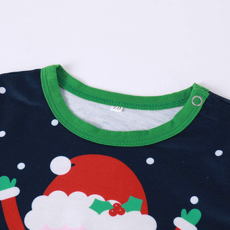 Christmas Family Matching Sleepwear Pajamas Sets Dark Blue Santa Claus Snow Top and Stripe Pants 12