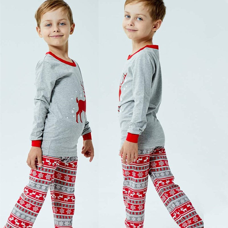 Christmas Family Matching Sleepwear Pajamas Sets Red Deers Grey Top and Red Stripe Snow Pants 4