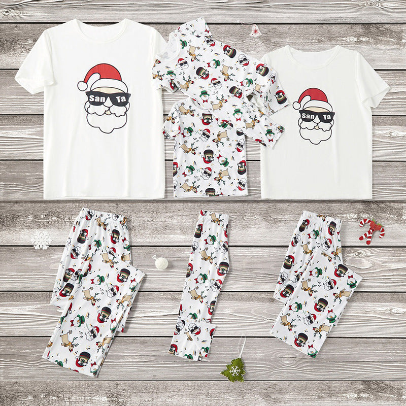 Christmas Family Matching Sleepwear Pajamas Sets White Santa Claus Short Top and Deers Pants 2