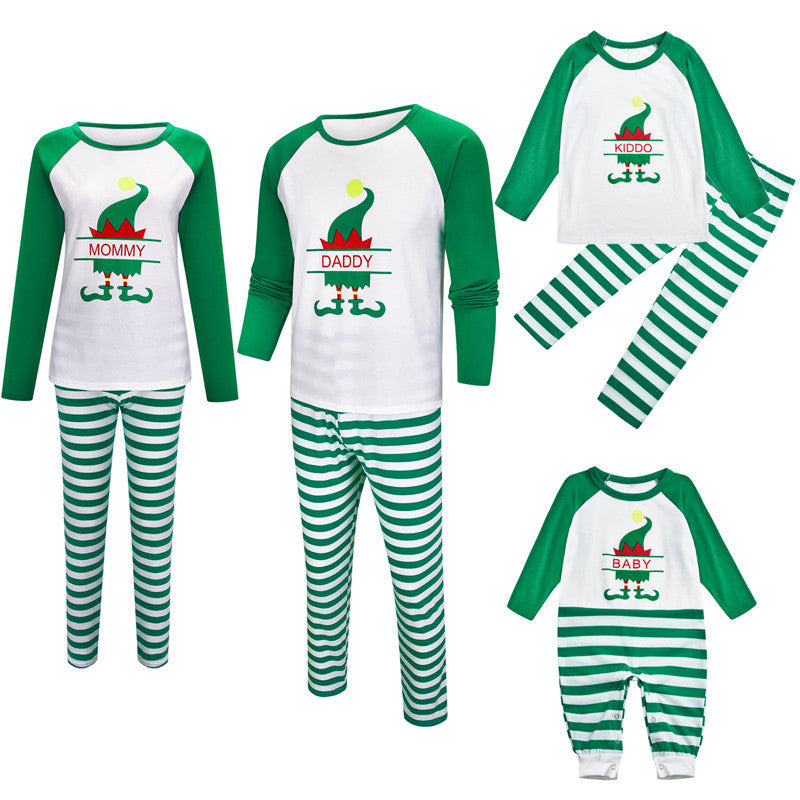 Christmas Family Matching Sleepwear Pajamas Sets White Christmas ELF Tree Top and Green Stripes Pants 6