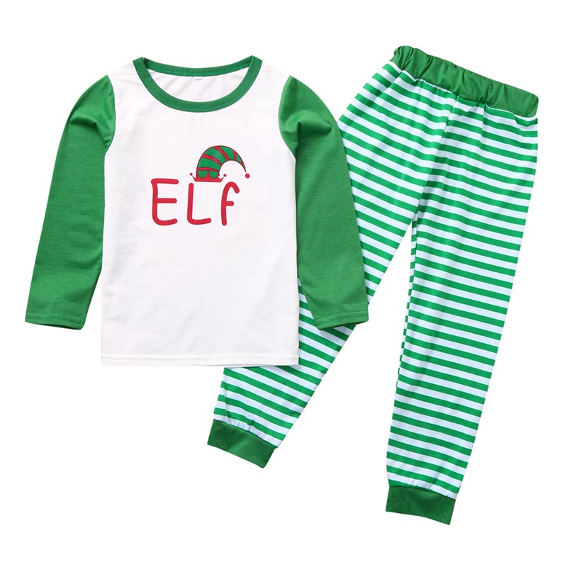 Christmas Family Matching Sleepwear Pajamas Sets ELF Christmas Hat Top and Green Stripes Pants 10