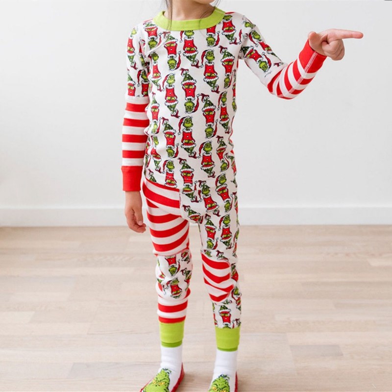 Christmas Family Matching Sleepwear Pajamas Sets White Printing Stripes Top and Pants 10