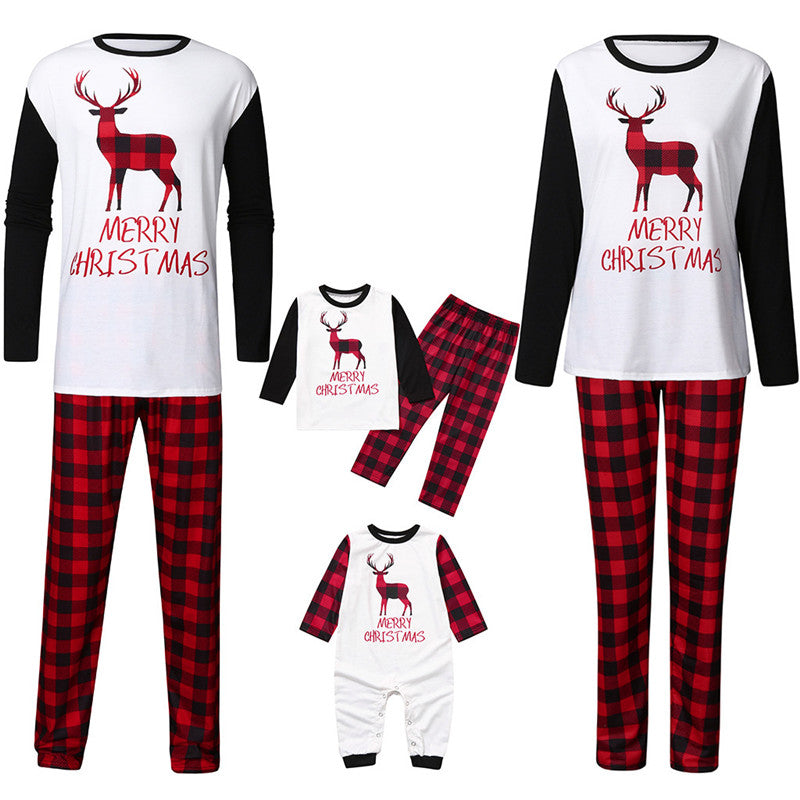 Christmas Family Matching Pajamas Sleepwear Sets Christmas Deer Top and Plaids Pants 2