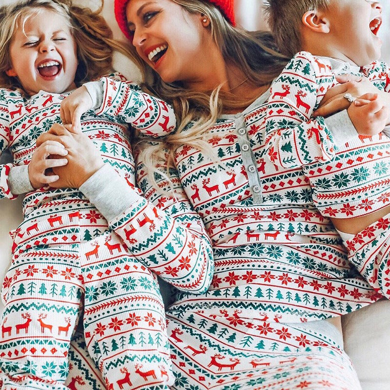 Christmas Family Matching Sleepwear Pajamas Sets White Deers Trees Printing Top and Pants 4