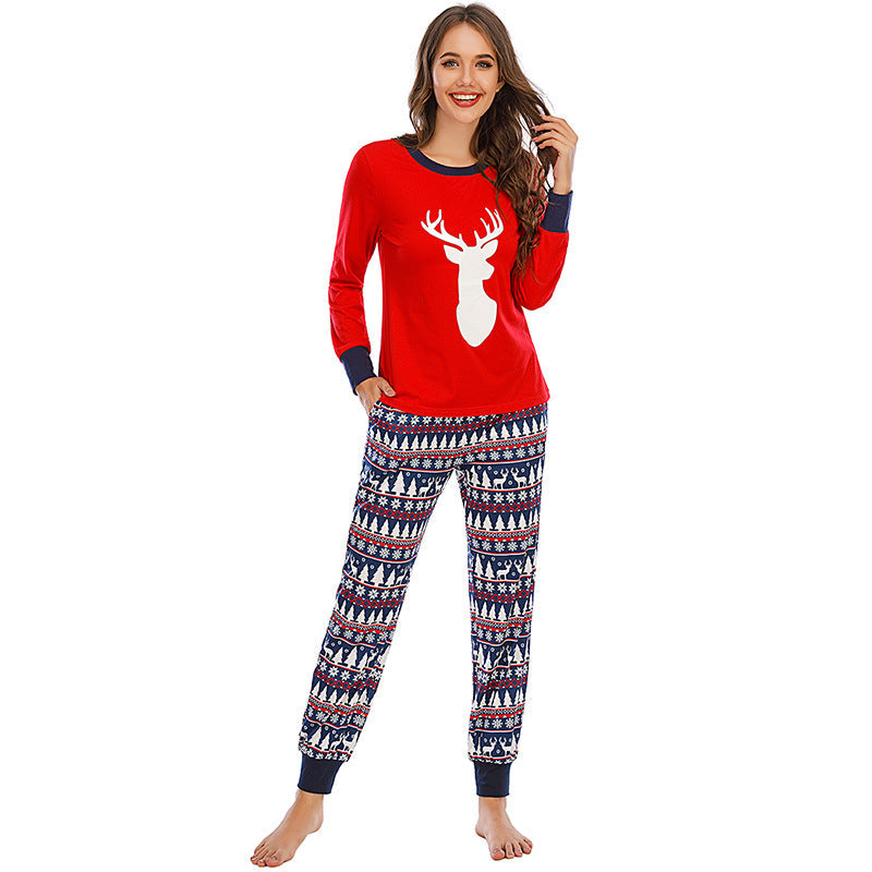 Christmas Family Matching Sleepwear Pajamas Sets Red Deer Top and Navy Prints Pants 6
