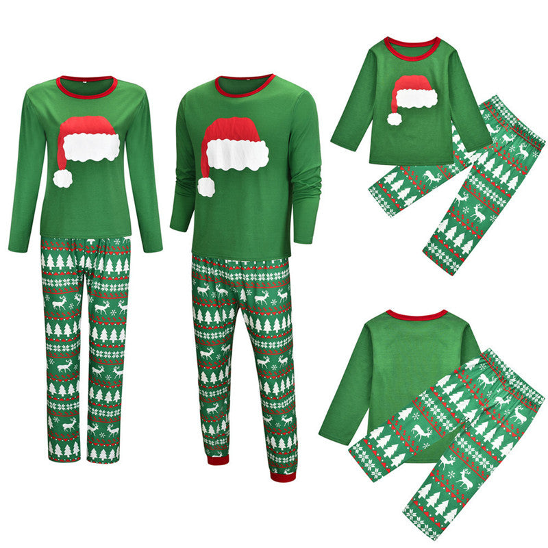Christmas Family Matching Sleepwear Pajamas Sets Green Christmas Hat Top and Deers Trees Pants 2
