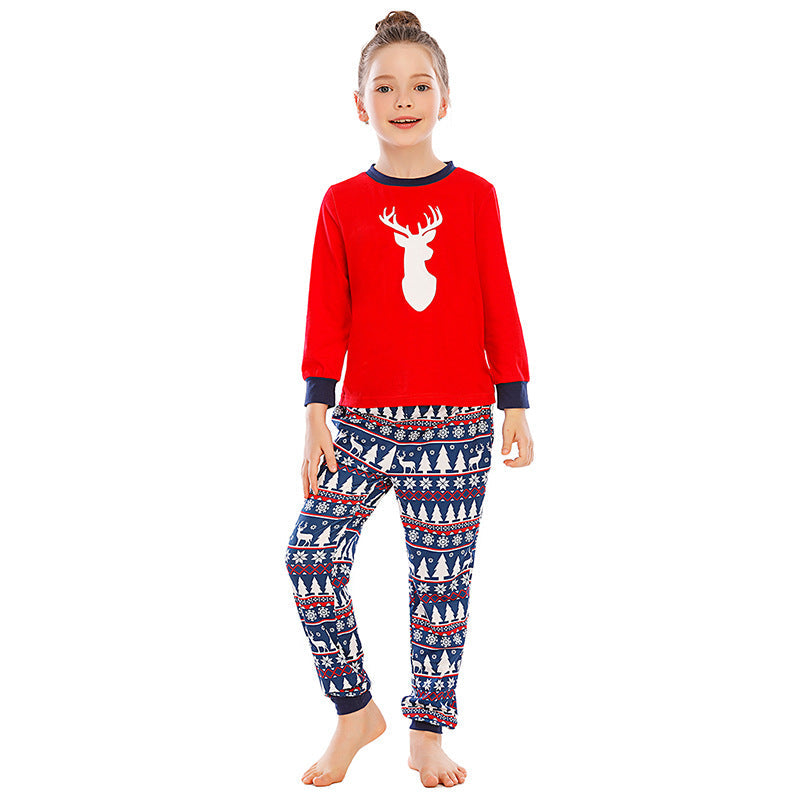 Christmas Family Matching Sleepwear Pajamas Sets Red Deer Top and Navy Prints Pants 4
