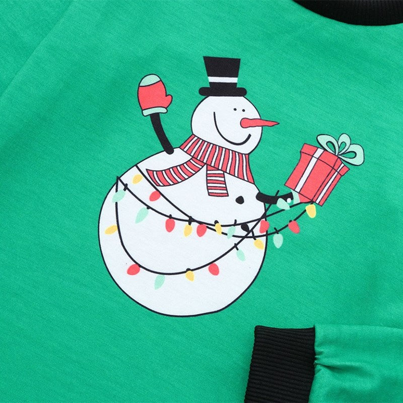 Christmas Family Matching Sleepwear Pajamas Sets Green Snowman Gingersnaps Gifts Top and Black Love Pants 12