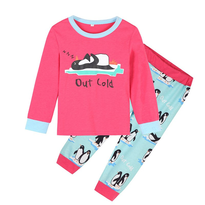 Christmas Family Matching Sleepwear Pajamas Sets Pink Penguins Top and Blue Stripe Pants 10