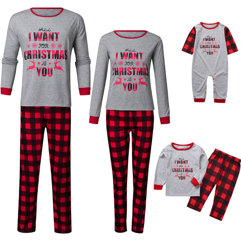 Christmas Family Matching Sleepwear Pajamas Sets Grey Slogan Top and Red Plaid Pants 2