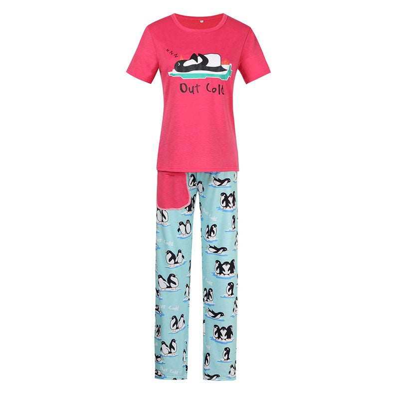 Christmas Family Matching Sleepwear Pajamas Sets Pink Penguins Top and Blue Stripe Pants 6