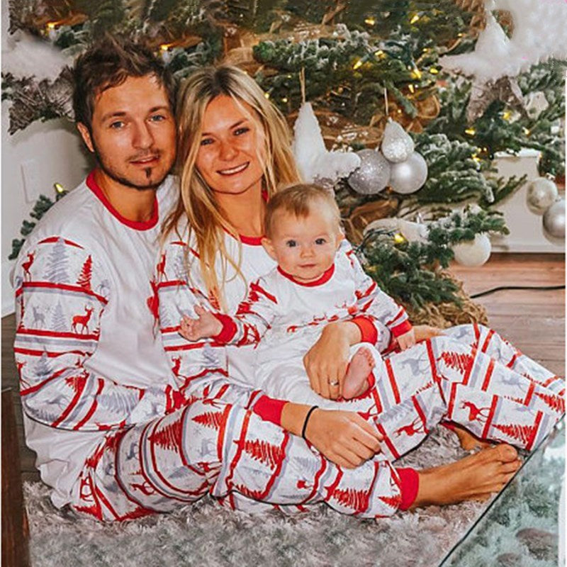 Christmas Family Matching Sleepwear Pajamas Sets White Dears Top and Deers Trees Pants 10