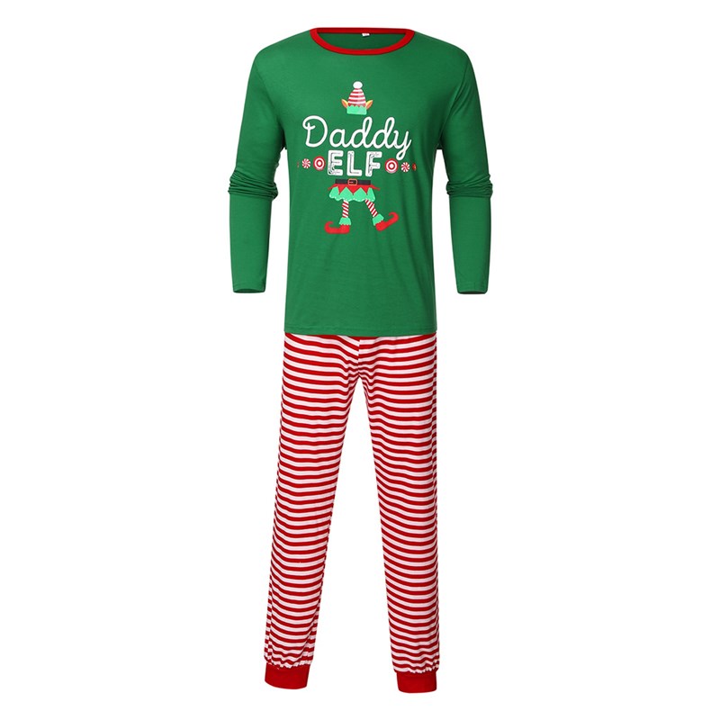 Christmas Family Matching Sleepwear Pajamas Sets Green Hat Slogan Top and Red Stripe Pants 6