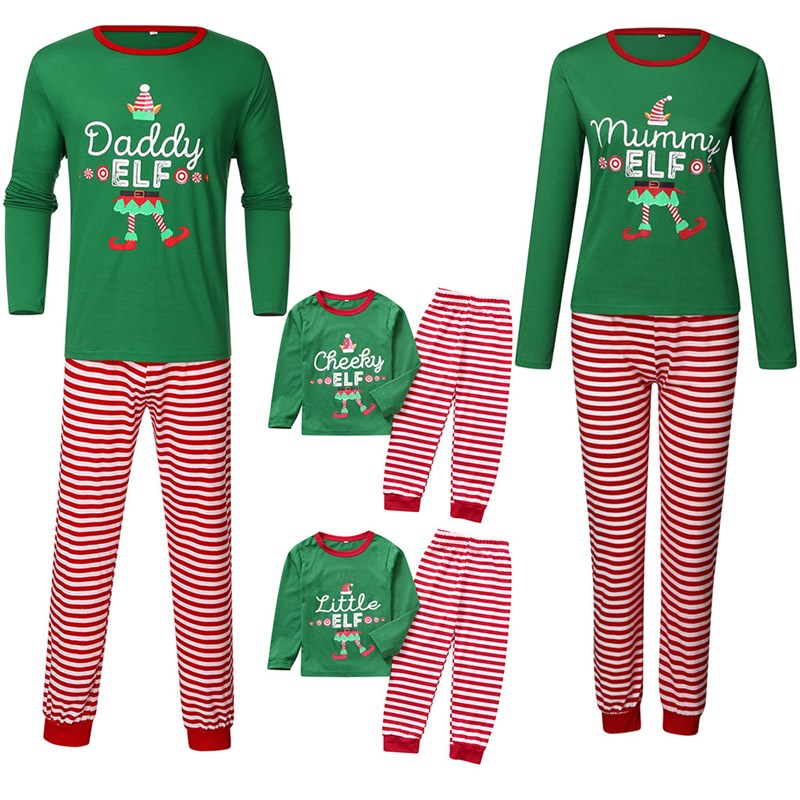 Christmas Family Matching Sleepwear Pajamas Sets Green Hat Slogan Top and Red Stripe Pants 2