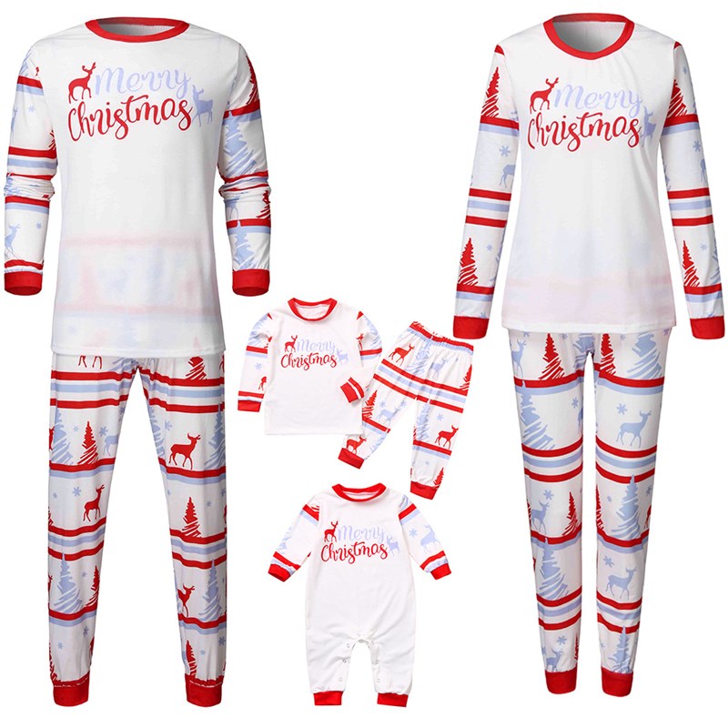 Christmas Family Matching Sleepwear Pajamas Sets White Dears Top and Deers Trees Pants 2