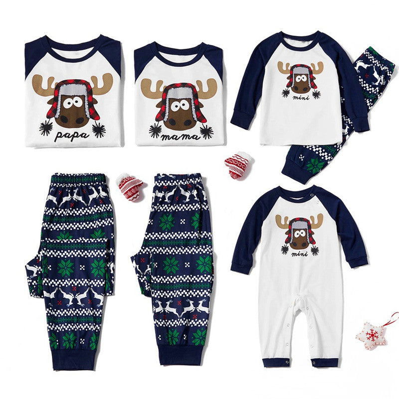 Christmas Family Matching Sleepwear Pajamas Sets Papa Mama Deer Top and Navy Prints Pants 2