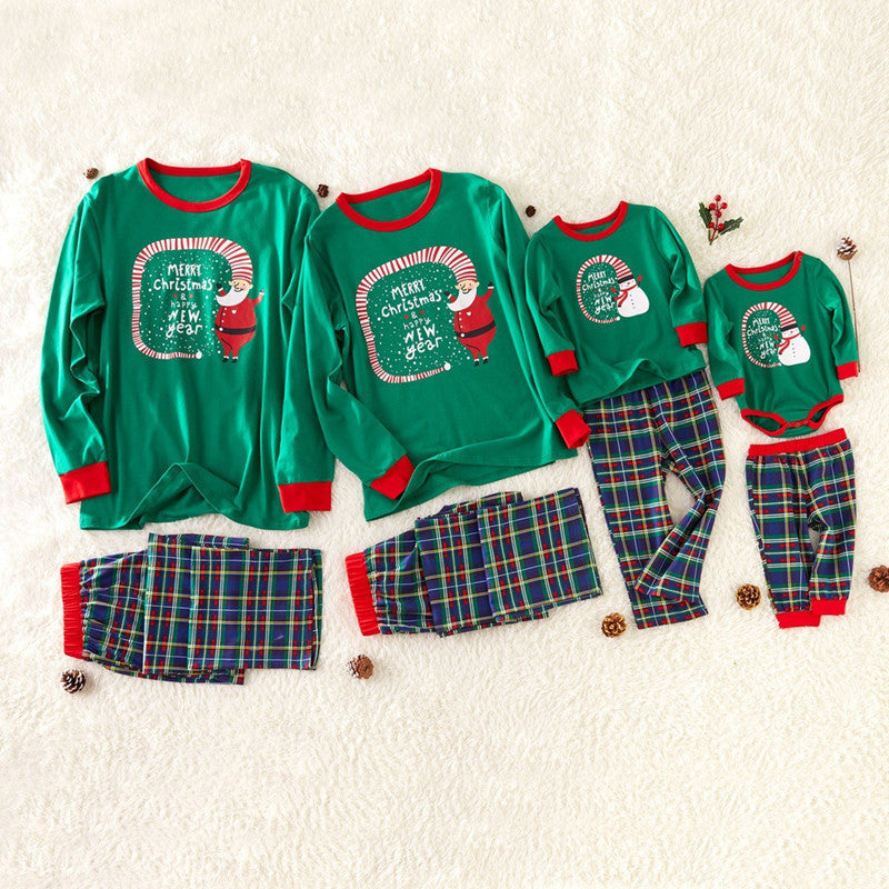Christmas Family Matching Sleepwear Pajamas Sets Green Slogan Top and Navy Plaids Pants 2