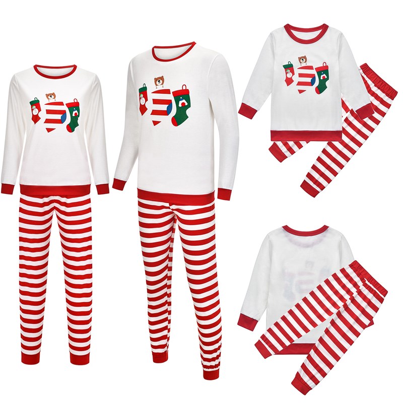 Christmas Family Matching Sleepwear Pajamas Sets White Stocking Bear Top and Red Stripes Pants 4