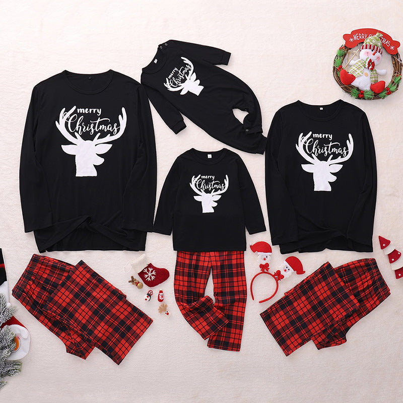 Christmas Family Matching Sleepwear Pajamas Sets Black Deers Top and Red Plaids Pants 2
