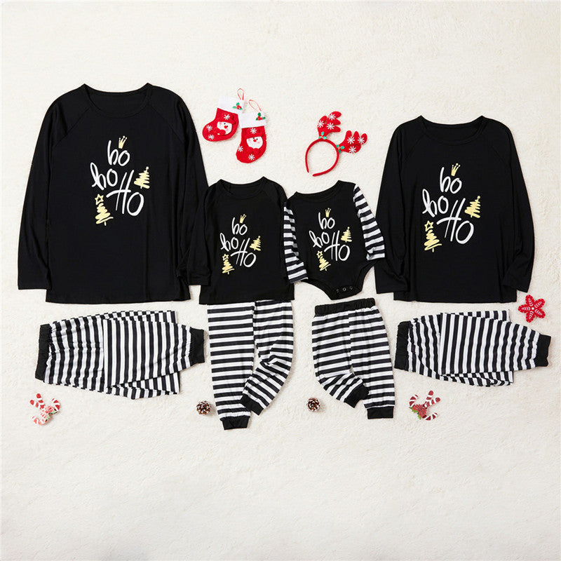 Christmas Family Matching Pajamas Sleepwear Sets Black Slogan Hohoho Top and Stripes Pants 4