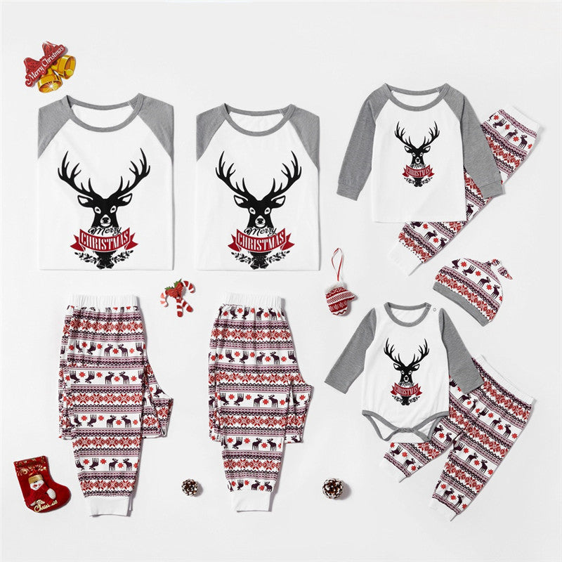 Christmas Family Matching Sleepwear Pajamas Sets Grey Deers Top and Stripe Pants 2