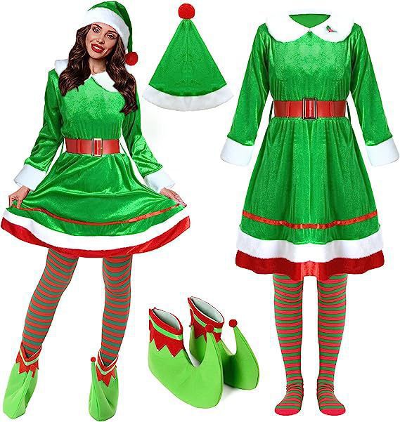 Christmas Buddy The Elf Costume & Jovie Elf Costume Santa Suit Outfit Full Set