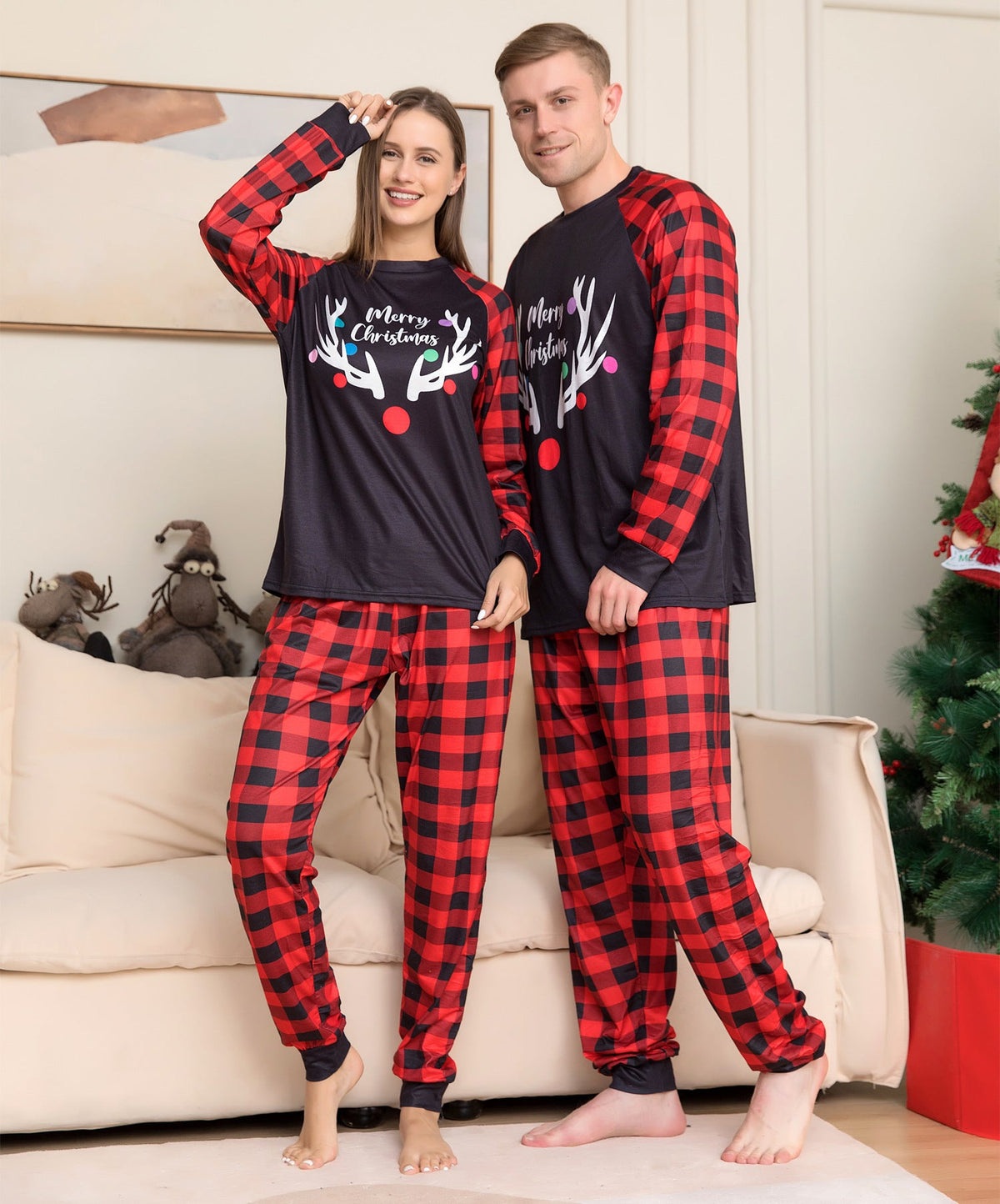 Christmas Family Pajamas Merry Christmas Character Plaid Matching Pjs