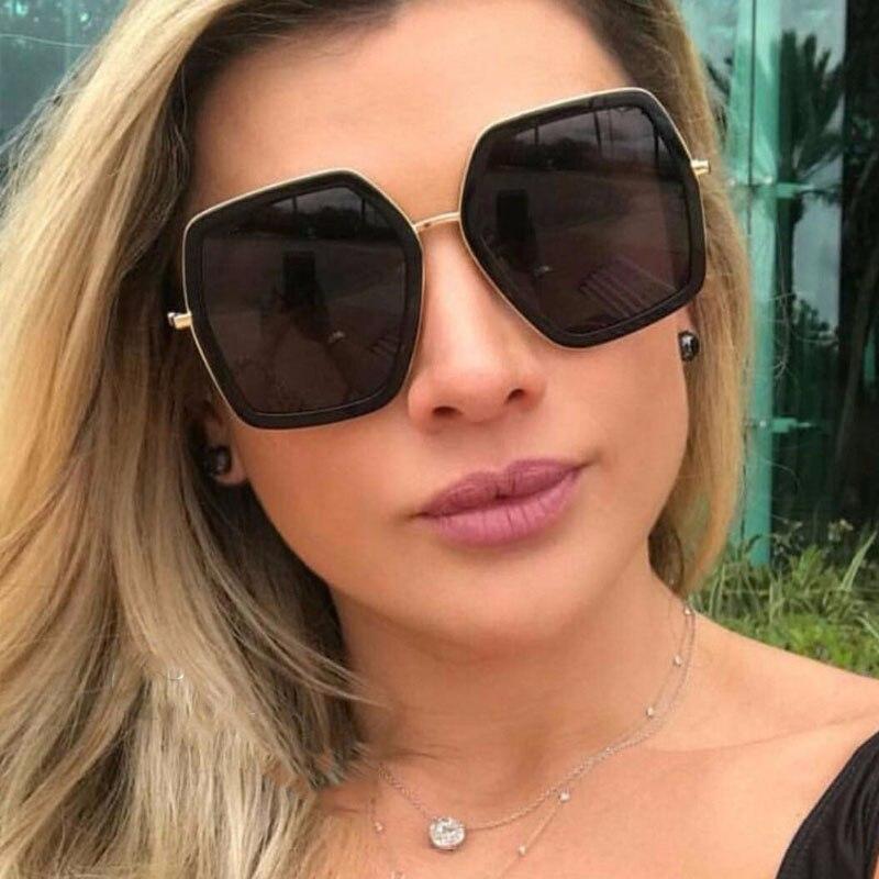 Oversized Women's Brand Designer Vintage Shiny Black Square Sun Glasses