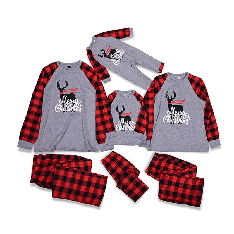 Christmas Family Matching Sleepwear Pajamas Sets Grey Deers Top and Red Plaids Pants 2