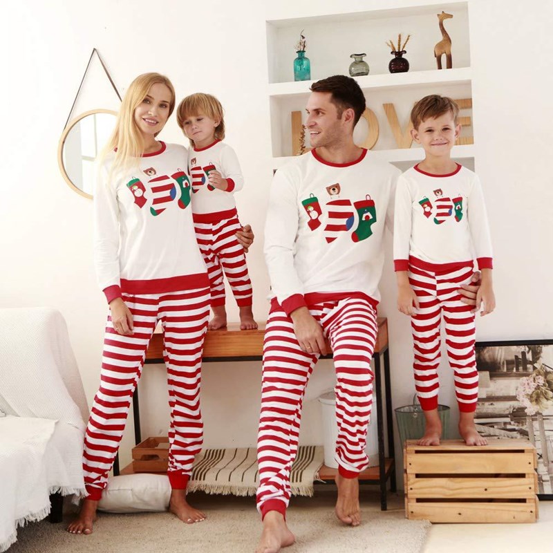 Christmas Family Matching Sleepwear Pajamas Sets White Stocking Bear Top and Red Stripes Pants 2