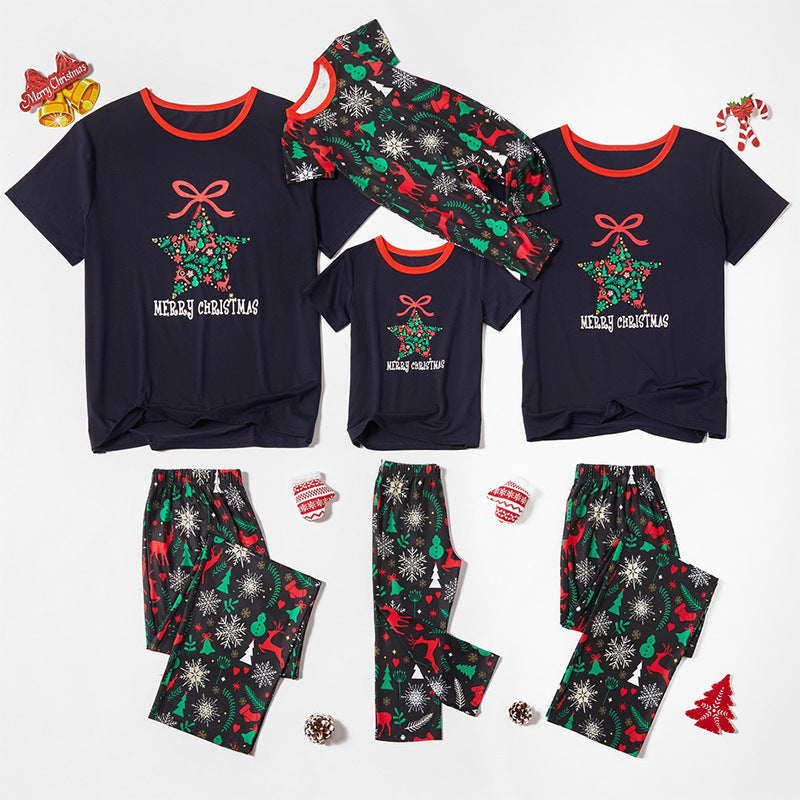 Christmas Family Matching Sleepwear Pajamas Sets Snowflake Star Bowknot Top and Deers Trees Pants 2