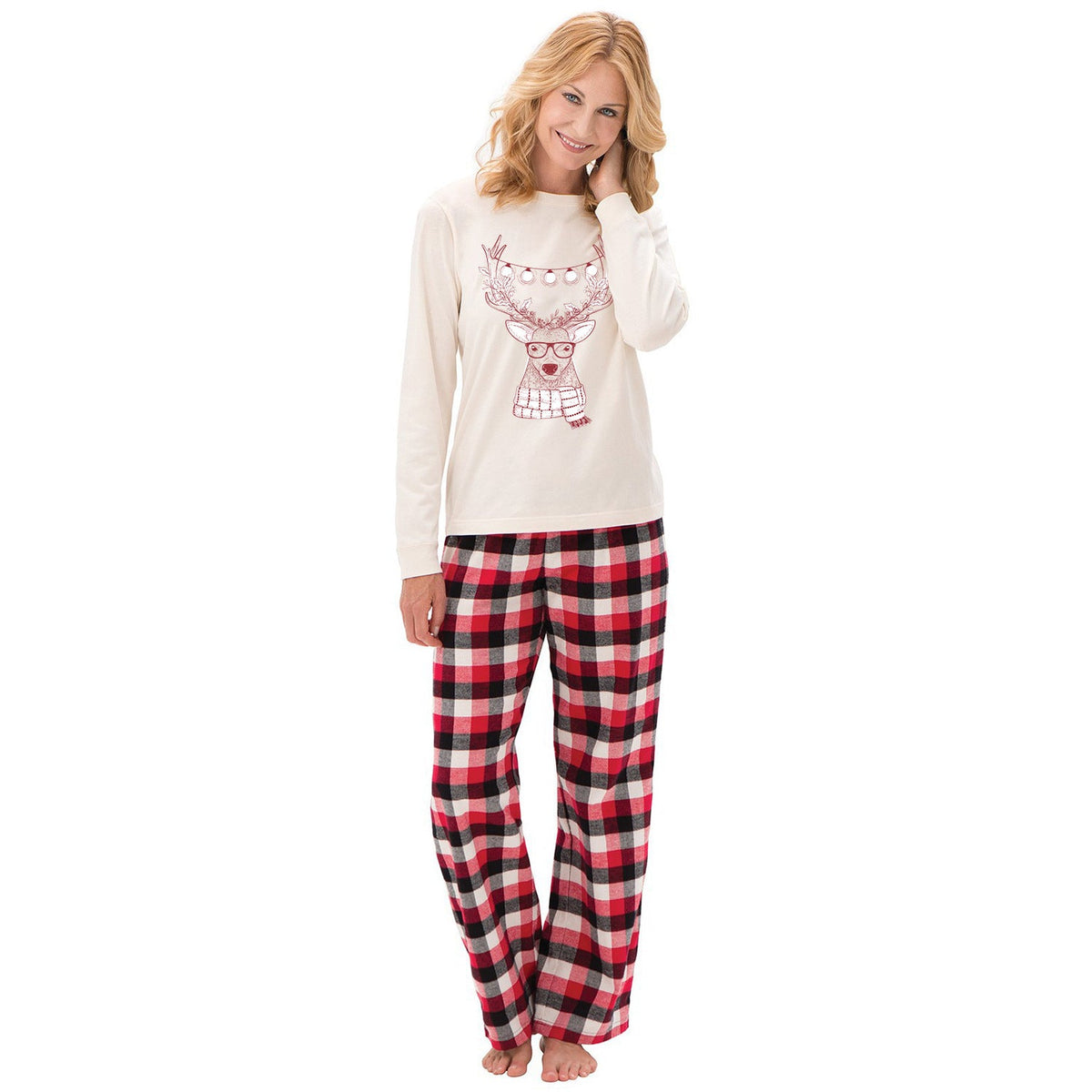 Christmas Family Matching Pajamas Sleepwear Sets Christmas White Deer Top and Red Plaids Pants 8