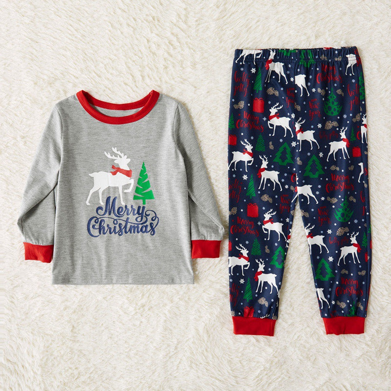 Christmas Family Matching Sleepwear Pajamas Sets Grey Deer Top and Navy Tree Pants 4