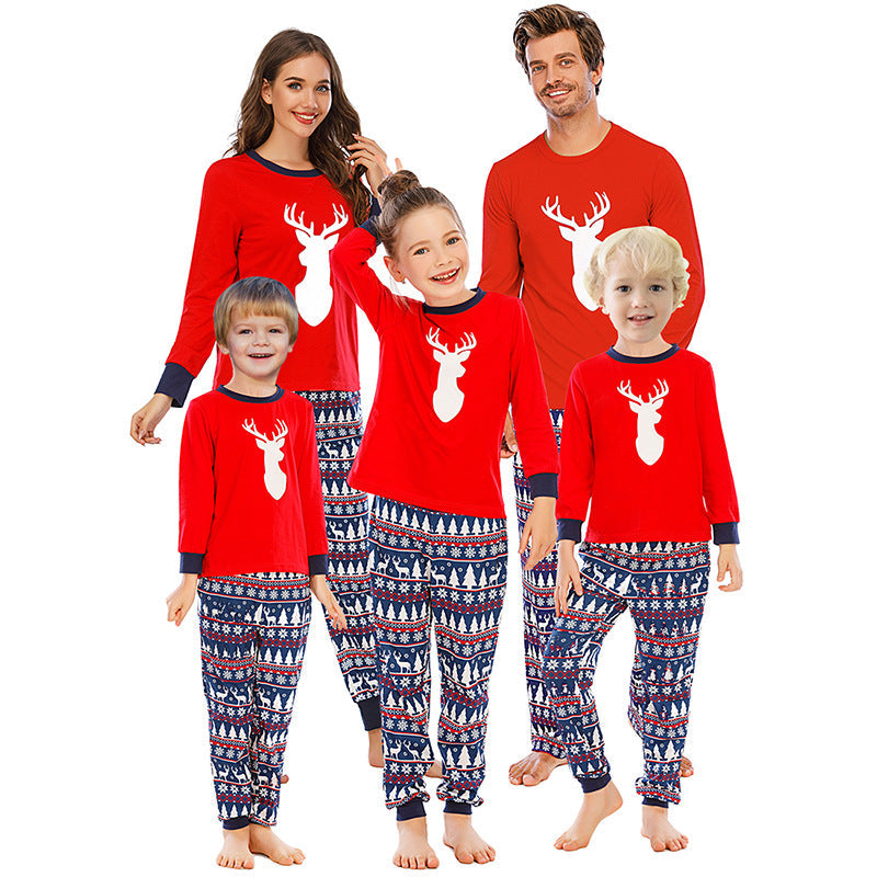 Christmas Family Matching Sleepwear Pajamas Sets Red Deer Top and Navy Prints Pants 2