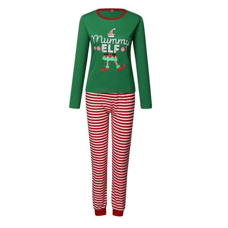 Christmas Family Matching Sleepwear Pajamas Sets Green Hat Slogan Top and Red Stripe Pants 4