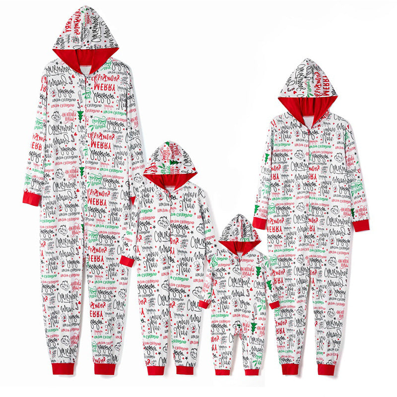 Christmas Family Matching Sleepwear Onesie Kigurumi Pajamas Santa Claus Slogan Hooded Jumpsuit 2