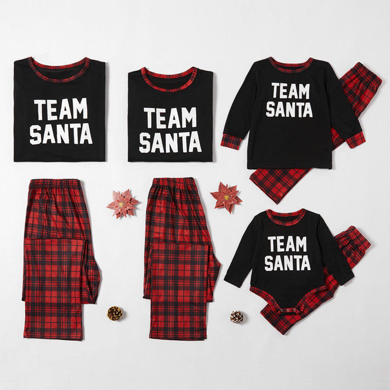 Christmas Family Matching Pajamas Sleepwear Sets Slogan Team Santa Top and Plaids Pants 2