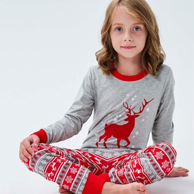 Christmas Family Matching Sleepwear Pajamas Sets Red Deers Grey Top and Red Stripe Snow Pants 2
