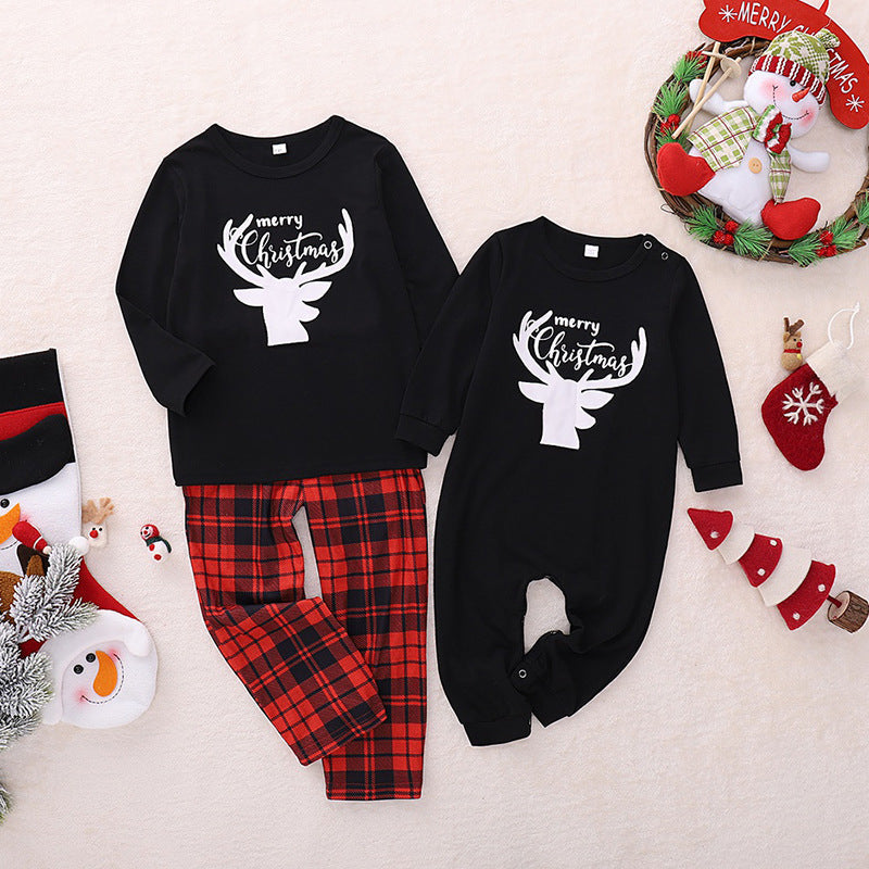 Christmas Family Matching Sleepwear Pajamas Sets Black Deers Top and Red Plaids Pants 4