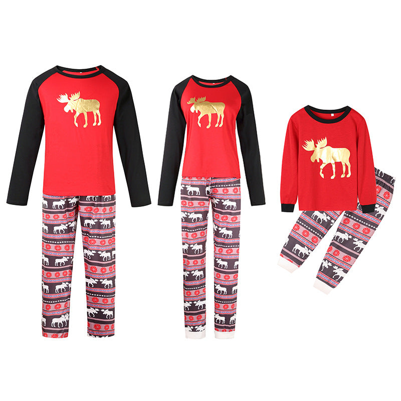 Christmas Family Matching Sleepwear Pajamas Sets Gold Moose Deer Top and Geometrical Pants 2