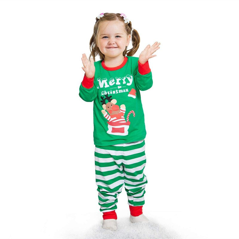 Christmas Family Matching Sleepwear Pajamas Sets Green Deer Top and Stripes Pants 8