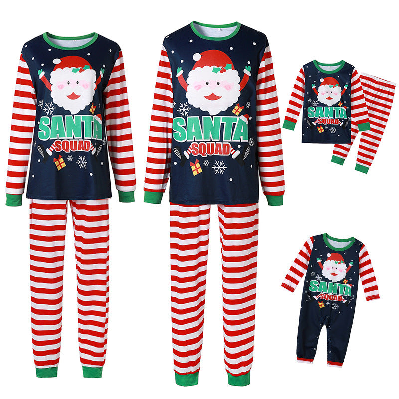 Christmas Family Matching Sleepwear Pajamas Sets Dark Blue Santa Claus Snow Top and Stripe Pants 2