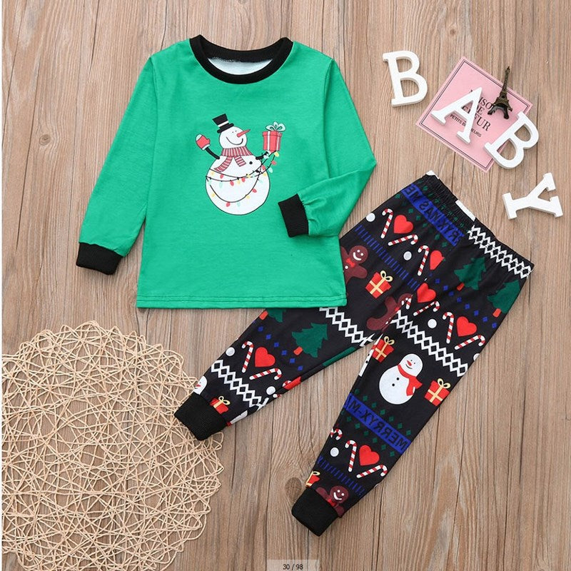 Christmas Family Matching Sleepwear Pajamas Sets Green Snowman Gingersnaps Gifts Top and Black Love Pants 6