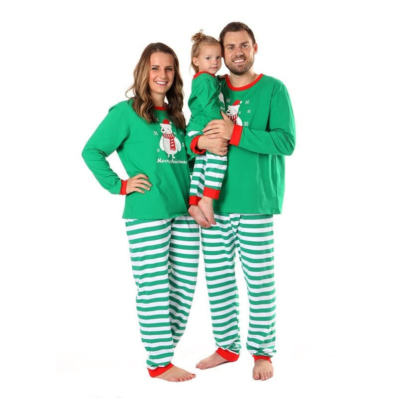 Christmas Family Matching Sleepwear Pajamas Sets Green Bear Top and Stripe Pants 2