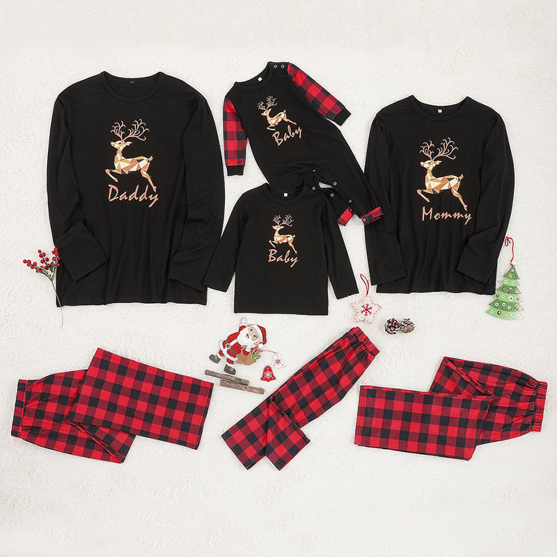 Christmas Family Matching Sleepwear Pajamas Sets Black Deers Top and Red Plaid Pants 2