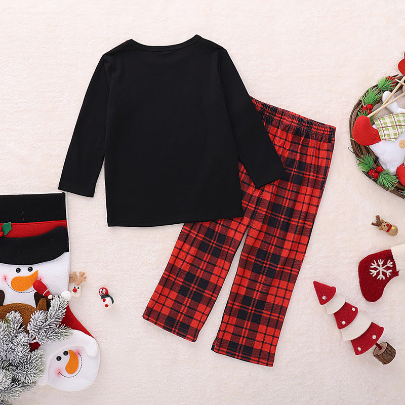 Christmas Family Matching Sleepwear Pajamas Sets Black Deers Top and Red Plaids Pants 6