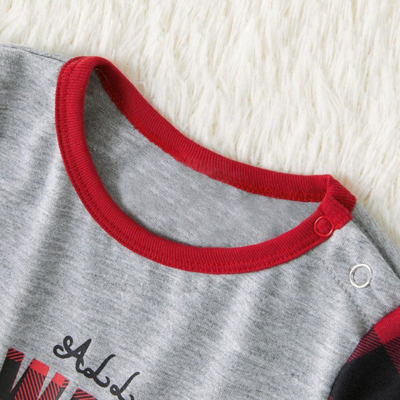 Christmas Family Matching Sleepwear Pajamas Sets Grey Slogan Top and Red Plaid Pants 8