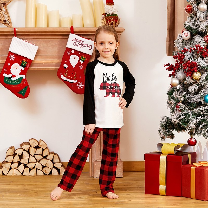 Christmas Family Matching Sleepwear Pajamas Sets White Printing Top and Red Plaid Pants 6