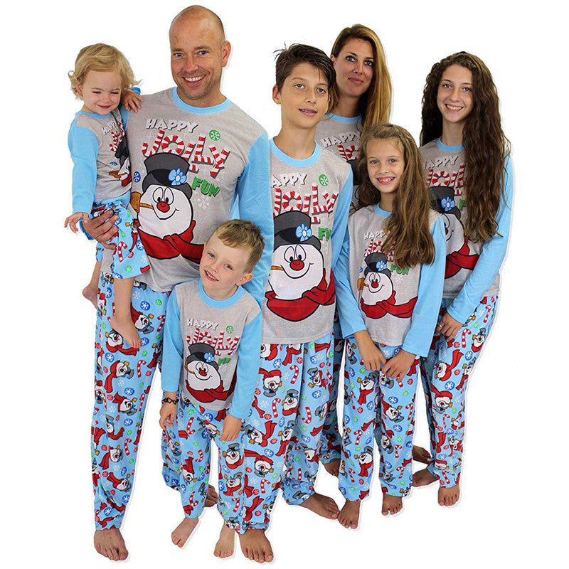 Christmas Family Matching Pajamas Christmas Jolly Snow Man Top and Blue Snowflake Pant 2